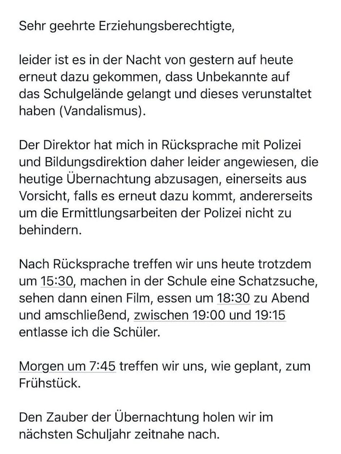 Das Schreiben an die Eltern
