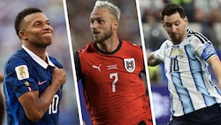 Lionel Messi (rechts), Marko Arnautovic (Mitte) und Kylian Mbappe (links) zeigen sich in guter ...