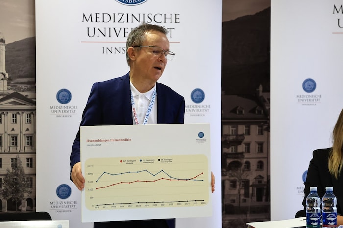 Vize-Rektor Prodinger zeigt das Taferl her, welches die Trendumkehr darstellt. Die rote Linie ...