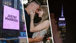 Leuchttafeln rund um den Madison Square Garden verkündeten die Vermählung von Taylor Swift und ...