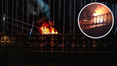 Bilder zeigen Flammen, die von der Brooklyn Bridge emporsteigen.