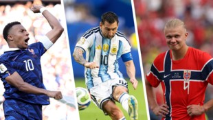 Kylian Mbappe, Lionel Messi und Erling Haaland (v.l.n.r.) kämpfen um die Torschützen-Krone.