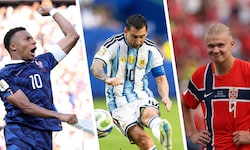 Kylian Mbappe, Lionel Messi und Erling Haaland (v.l.n.r.) kämpfen um die Torschützen-Krone.