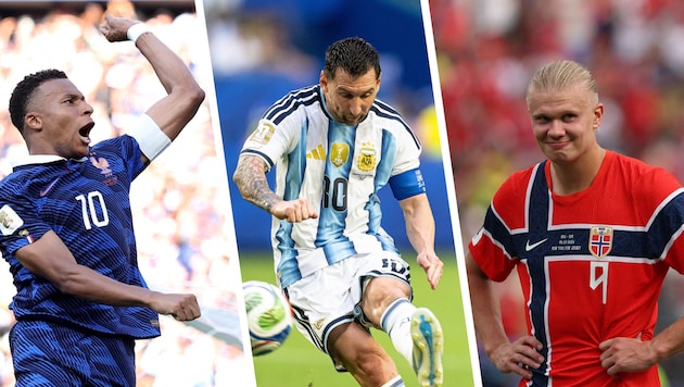 Kylian Mbappe, Lionel Messi und Erling Haaland (v.l.n.r.) kämpfen um die Torschützen-Krone.