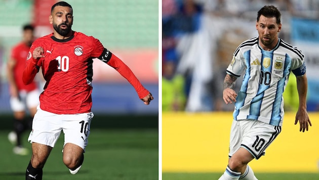 Mohamed Salah (l.) trifft auf Lionel Messi (r.).