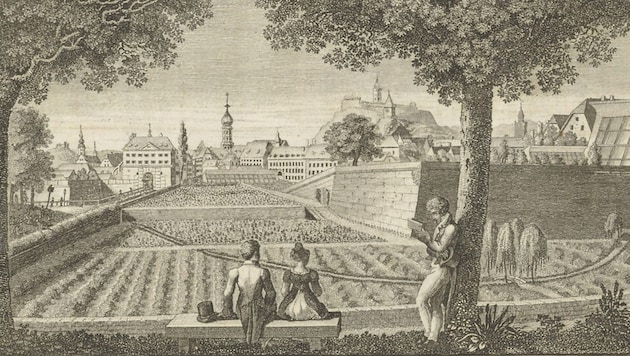 Im Steyermärkischen Nationalkalender wurde diese „Ansicht des botanischen Gartens“ im Jahr 1818 ...