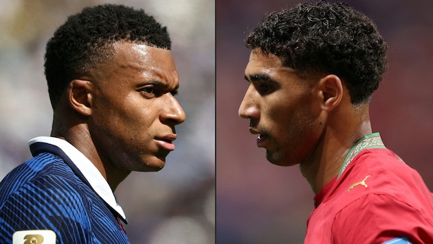 Frankreichs Kylian Mbappe (links) und Marokkos Achraf Hakimi