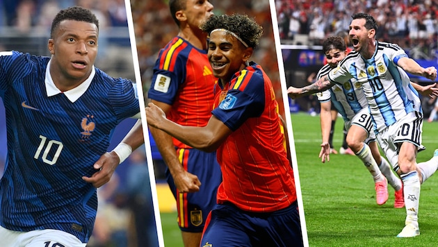 Kylian Mbappe, Lamine Yamal und Lionel Messi (von li. nach re.) – alle haben ein großes Ziel: ...
