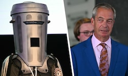 Count Binface (li.) fordert den populistischen Brexit-Vorkämpfer Nigel Farage heraus.