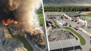Ein Jahr nach dem Flammeninferno (li.) liegen die Pläne für den Wiederaufbau des Recyclinghofes ...