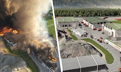 Ein Jahr nach dem Flammeninferno (li.) liegen die Pläne für den Wiederaufbau des Recyclinghofes ...