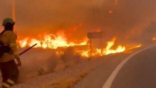 Einsatzkräfte kämpfen gegen die Flammen.