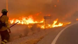 Einsatzkräfte kämpfen gegen die Flammen.