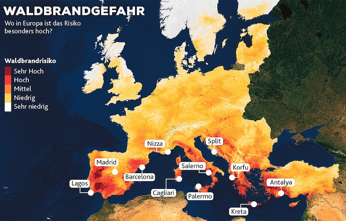Die Risikobeurteilung stammt vom Europäischen Waldbrand-Informationssystem (EFFIS)