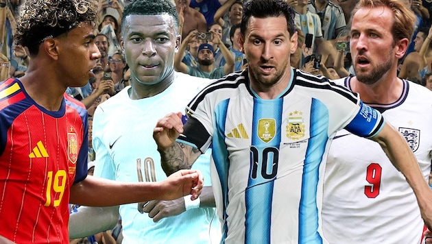 Lamine Yamal, Kylian Mbappe, Lionel Messi, Harry Kane (von links) – in der Halbfinal-Phase der ...