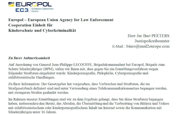 Ausschnitt aus dem angeblich von Europol versendeten E-Mail.