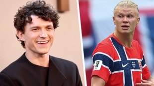Erling Haaland (re.) nahm eine Einladung von Schauspieler Tom Holland (li.) an.