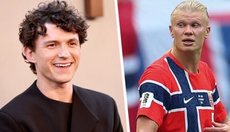Erling Haaland (re.) nahm eine Einladung von Schauspieler Tom Holland (li.) an.