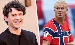 Erling Haaland (re.) nahm eine Einladung von Schauspieler Tom Holland (li.) an.