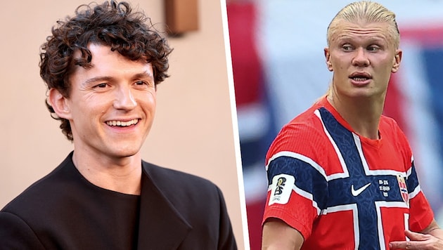 Erling Haaland (re.) nahm eine Einladung von Schauspieler Tom Holland (li.) an.