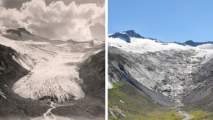 Das Schwarzensteinkees auf einer historischen Aufnahme und heute (rechts)