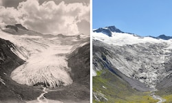 Das Schwarzensteinkees auf einer historischen Aufnahme und heute (rechts)