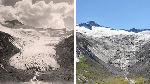 Das Schwarzensteinkees auf einer historischen Aufnahme und heute (rechts)