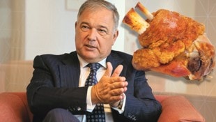 Krone KREATIV/Zwefo, stock.adobe.com Der Wiener Wirtschaftskammer-Präsident Walter Ruck und eine Stelze