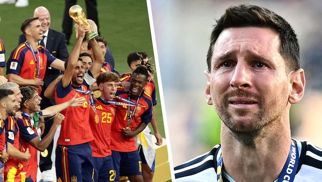 While all of Spain celebrates, Lionel Messi (right) sheds bitter tears after the World Cup ...