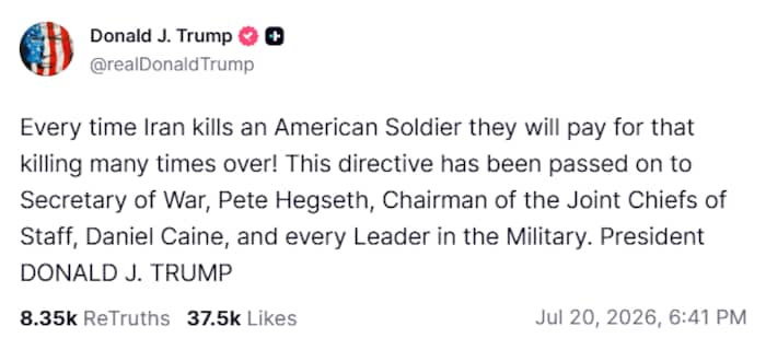 Trump drohte auf seiner Plattform Truth Social mit Vergeltungsschlägen gegen den Iran.