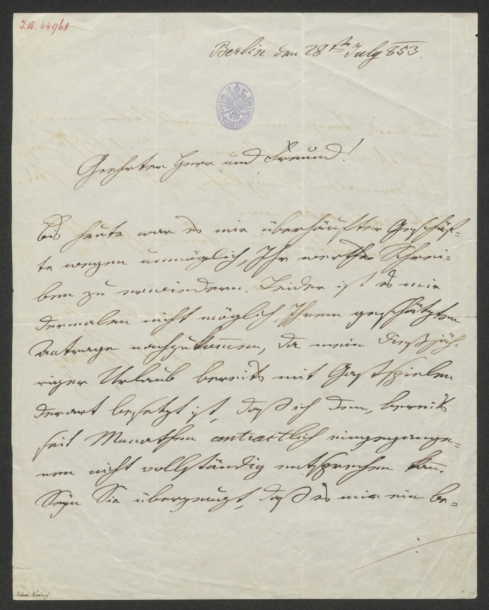 Johann Nestroy: Berlin den 28sten July 853. Geehrter Herr und Freund! Bis heute war es mir ...