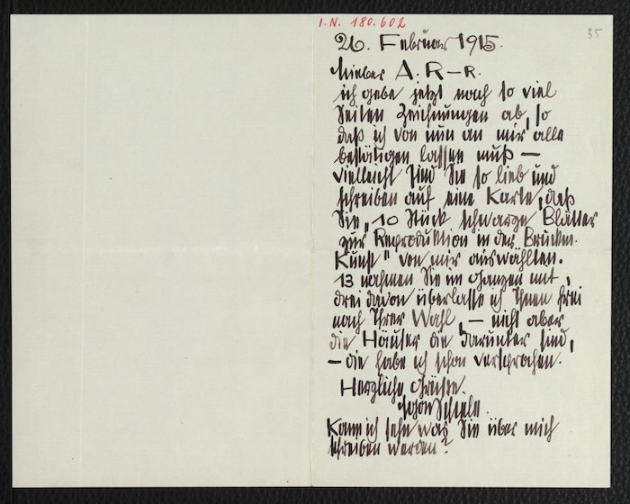 Egon Schiele: 26. Februar 1915. Lieber A. R-R. ich gebe jetzt nach so viel Seiten Zeichnungen ...