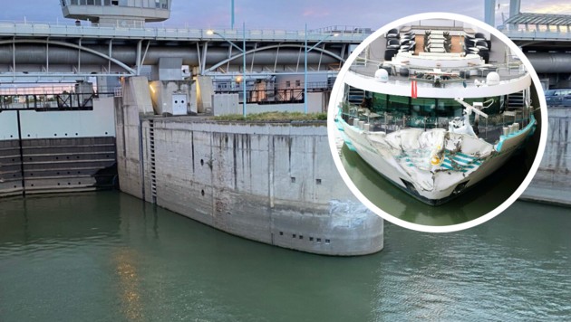 Bei der Schleuse Freudenau krachte die „Anna Katharina“ mit voller Wucht gegen die Kaimauer und ...