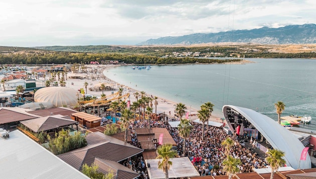 Ein Ausblick, der alles sagt: Sonne, Palmen, Strand, Meer und die legendären Clubs am Zrce Beach ...