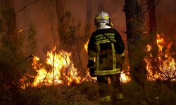 Ein Feuerwehrmann kämpft gegen die heftigen Brände westlich von Bordeaux.