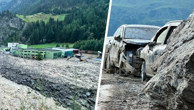 Das Unwetter sorgte für eine Spur der Verwüstung. Links das Klärwerk in Sölden. Rechts ...