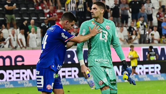 The scene after the throwing incident: Peter Michorl had to stop his goalie, Cican Stanković, ...