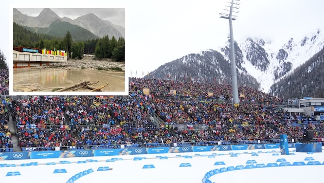 Noch im Februar wurde in Antholz um Medaillen gekämpft, nun wurde die Arena von einer Mure ...