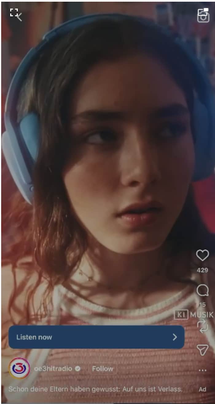 Ein Screenshot aus der aktuellen Werbekampagne von Ö3, wo die KI-Musik gekennzeichnet verwendet ...