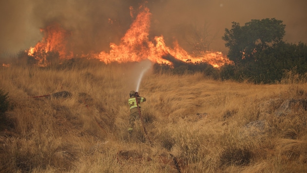 Hier kämpfen griechische Feuerwehrleute gegen die Brände.