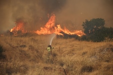 Hier kämpfen griechische Feuerwehrleute gegen die Brände.
