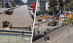 Das Wasser füllte rasch die Baustelle. Die Arbeiten waren in vollem Gange.