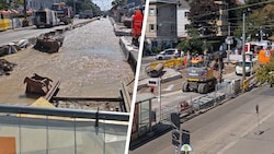 Das Wasser füllte rasch die Baustelle. Die Arbeiten waren in vollem Gange.
