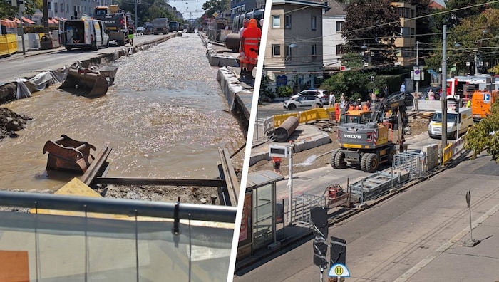 Das Wasser füllte rasch die Baustelle. Die Arbeiten waren in vollem Gange.