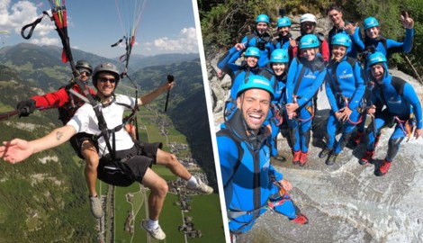 Influencer Max Schulz genoss seinen Flug über das Zillertal (links), ein Gruppenfoto beim ...