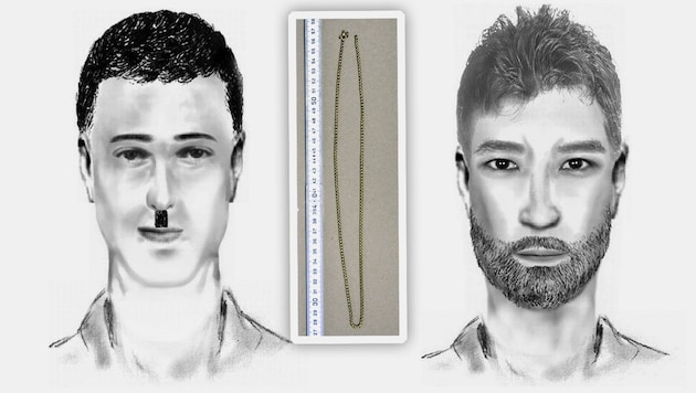 Diese zwei Täter werden gesucht. Sie könnten auch diese Halskette geraubt haben.