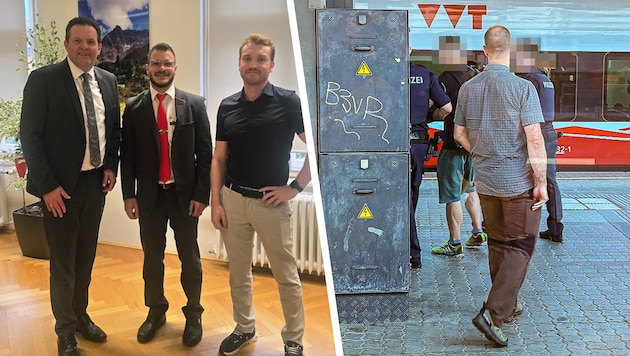 LR René Zumtobel, Hussein Al Tamro und Mario Siegele (v. li.). Der Messermann wurde in Wörgl in ...