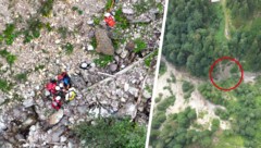 Im Zuge der Suchaktion konnte der Verletzte in einem Bachbett in unwegsamem Gelände (roter ...