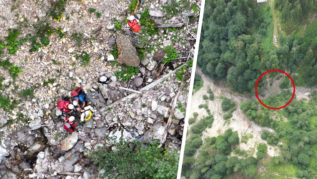 Im Zuge der Suchaktion konnte der Verletzte in einem Bachbett in unwegsamem Gelände (roter ...