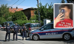 Polizeiaufgebot in Langenzersdorf. Der Wiener Akhil G. (kl. Bild) wurde hier brutal erschlagen.
